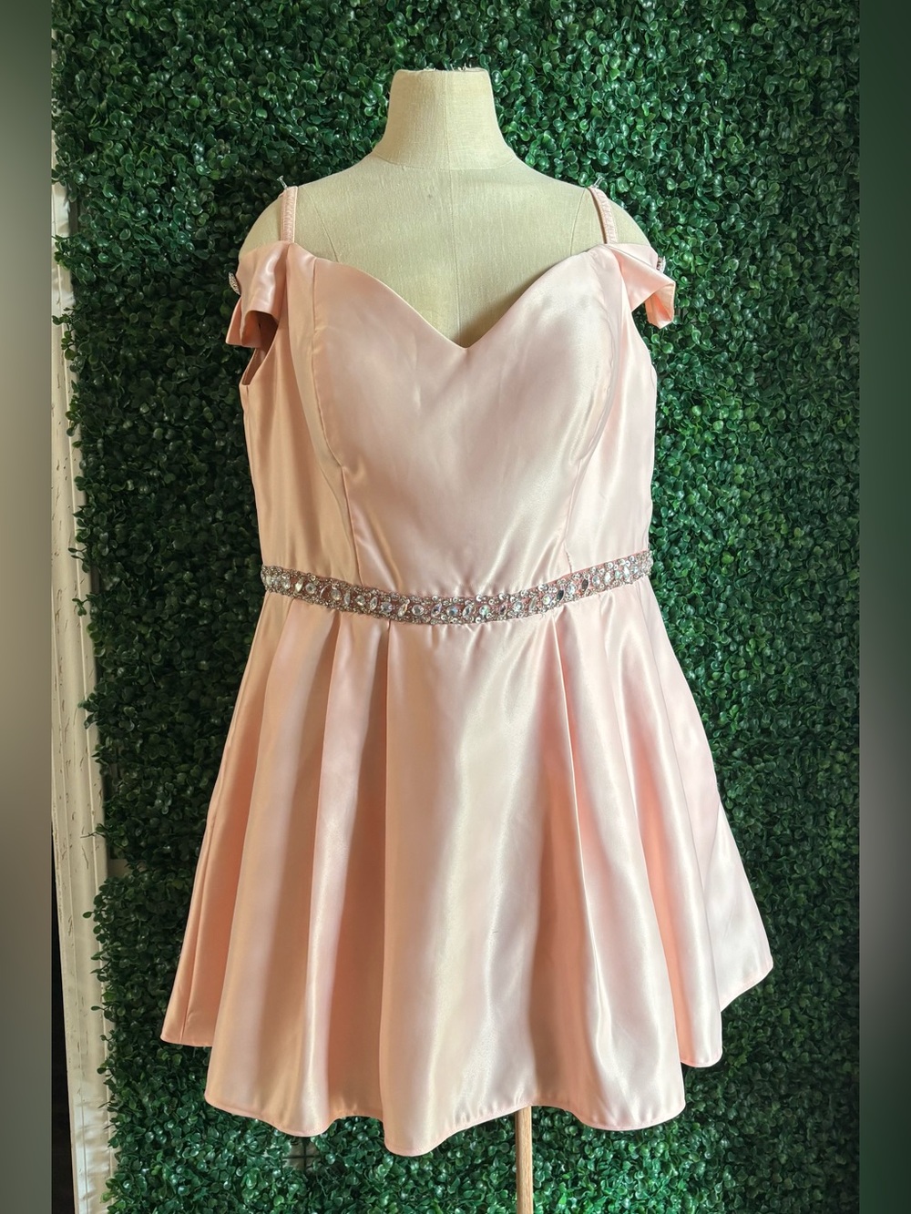 Vintage 90s Pink Satin Homecoming Dress Rhinestone Waist Off Shoulder